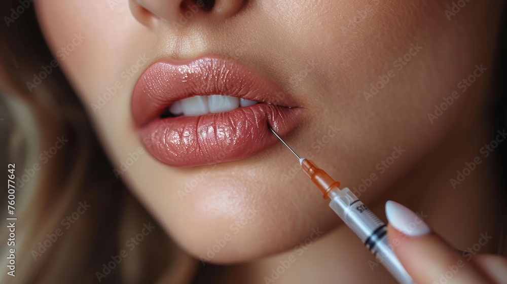Close-up of Syringe near Woman's Chin for Beauty Injections with Fillers Generative AI