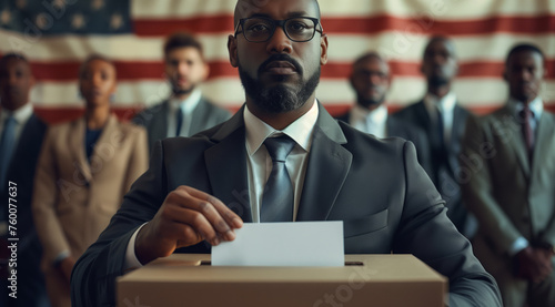 Voting in the United States, choosing a president, black people and a man in a business jacket lowering a bust white piece of paper into the ballot box against the backdrop of the American flag