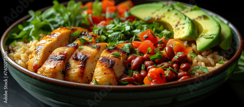 Healthy bowl with grilled chicken, tomatoes, avocado, beens, greens, rice. Food and health. Healthy meal, dinner dish. 
