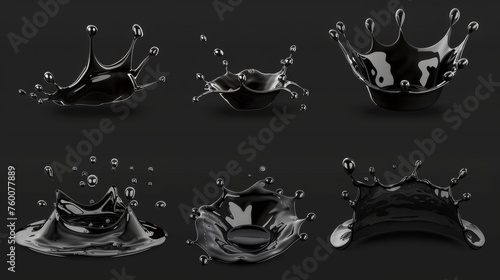 Design element for advertising. Black liquid splashes, swirls and waves with scatter drops. Oil, paint, or ink splashing on transparent background. Realistic 3D modern icons set.