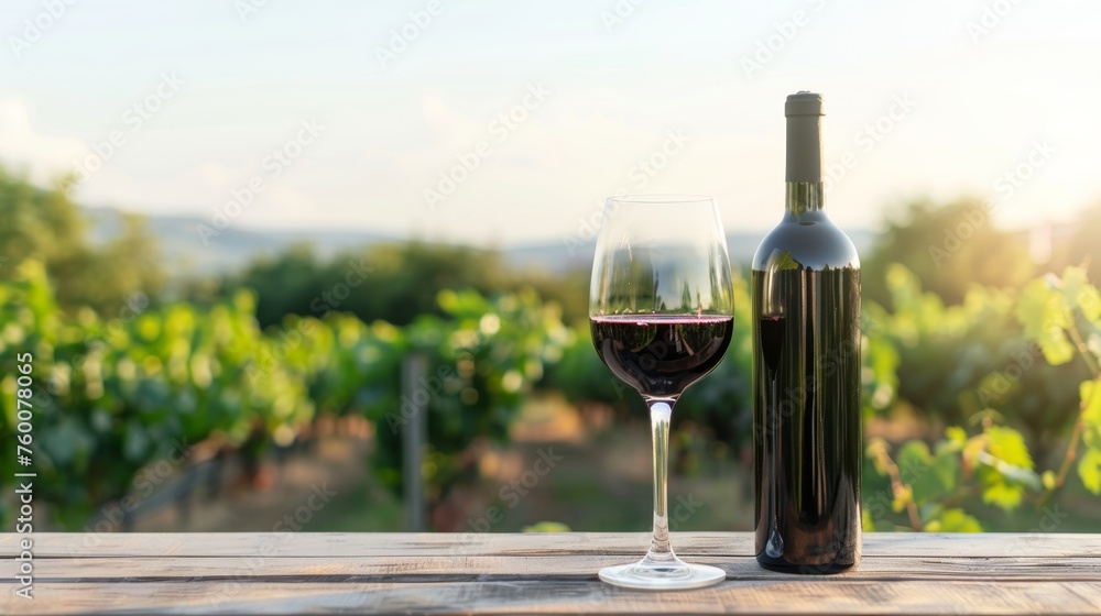 Wine Glass and Bottle on Wooden Table with Vineyard Backdrop Generative AI