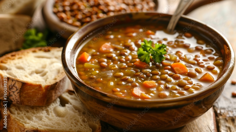 Nourishing Lentil Soup and Fresh Bread on Rustic Wood Table Generative AI Nourishing Lentil Soup and Fresh Bread on Rustic Wood Table Generative AI