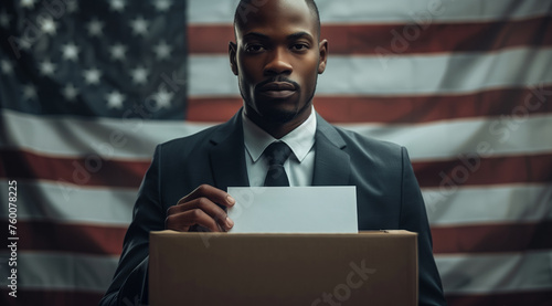 Voting in the United States, choosing a president, black people and a man in a business jacket lowering a bust white piece of paper into the ballot box against the backdrop of the American flag © Alina Zavhorodnii