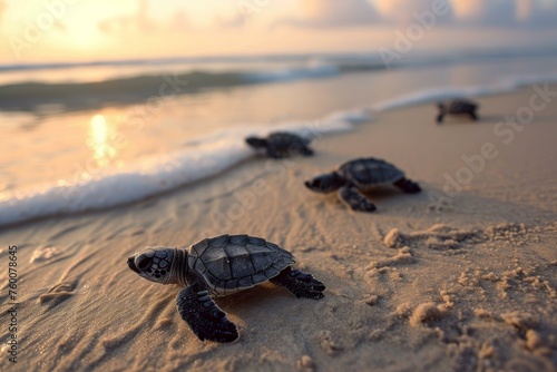 Baby turtles on beach sand. Wild ocean newborn sea turtles on coast. Generate ai