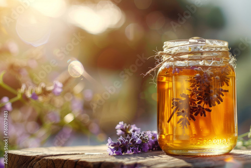 Jar of liquid herbal honey with lavender flowers on background. Generative AI