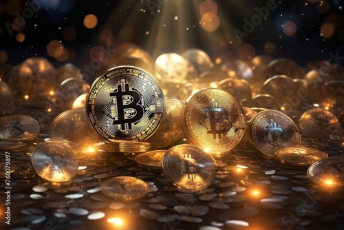 Crypto currency Bitcoin BTC Bitcoin golden coins on a chart, Blockchain technology, bitcoin mining concept