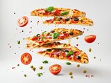 A delicious pizza with various toppings such as bacon, tomatoes, and basil leaves, falling from the sky.