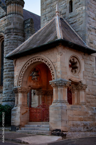 St Andrew's Presbyterian Church Tower (Romanesque building style) in Manly, Sydney Australia © prn.studio
