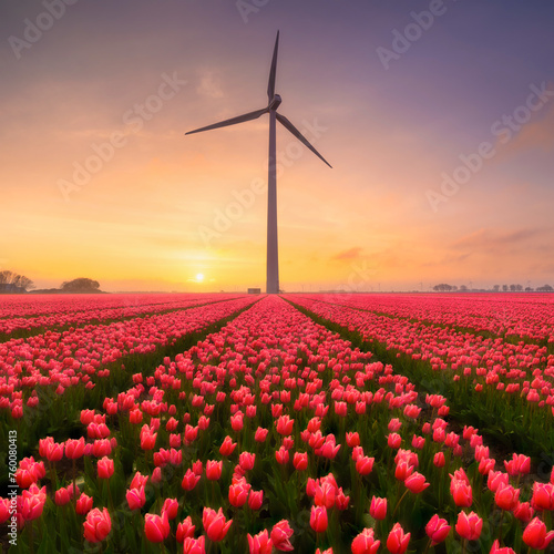 A field of tulips during sunset. A wind generator in a field in the Netherlands. Green energy production. Landscape with flowers during sunset. Photo for wallpaper and background. Netherlands.
