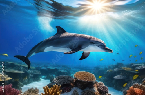 A majestic dolphin glides through sunlit waters above a vibrant coral reef
