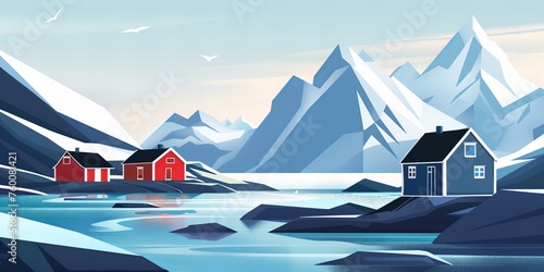 norwegian snowy, winter landscape with lake and mountains and cottages