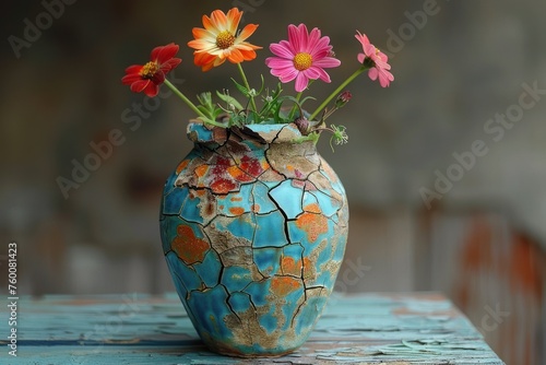  The beauty of imperfection a broken vase with flowers growing from its cracks photo