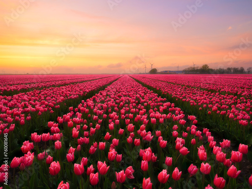Netherlands. A field of tulips during sunset. Rows on the field. Landscape with flowers during sunset. Photo for wallpaper and background.