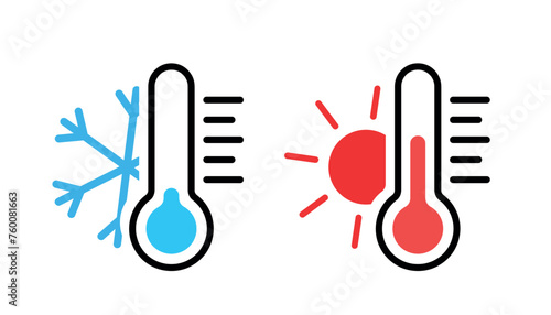 thermometer icon cold and heat, temperature scale symbol, cool and hot weather sign, simple isolated vector image photo