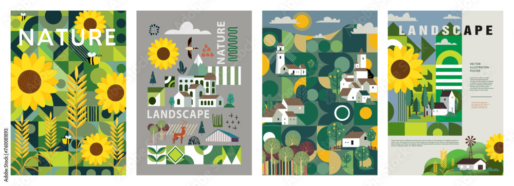 Nature, landscape and garden. Vector illustration of geometric abstract trees, plants, flowers and houses. Editable artwork for cover or card designs.