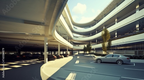 A unique spiral architecture design defines this modern multi-level parking garage by the entrance