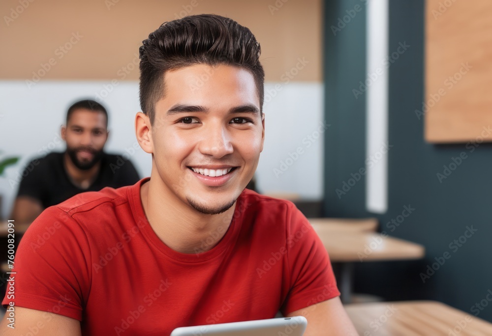 Man in red shirt with a charming smile at his desk. Comfortable and positive office environment.