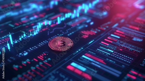 A Bitcoin coin sits prominently against a backdrop of rising and falling digital charts representing the cryptocurrency market