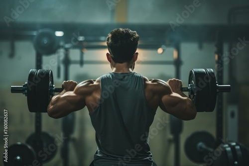 Back view man lifting weights. Training sport. Generate Ai