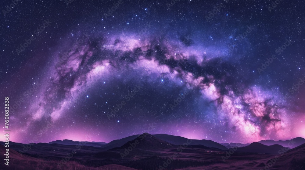 A breathtaking night sky with the Milky Way galaxy sprawling over a dark, serene mountain landscape, evoking a sense of wonder