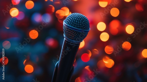 A contemporary microphone against a lively, colorful bokeh backdrop symbolizes modern music and dynamic performances