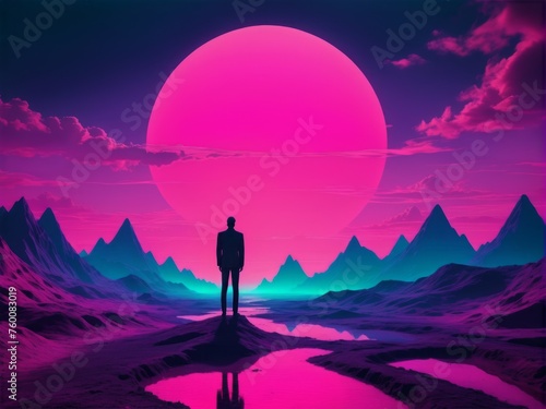 Synthwave Man  Retro Futuristic Illustration of a Figure Amidst Pink Bluish Landscape