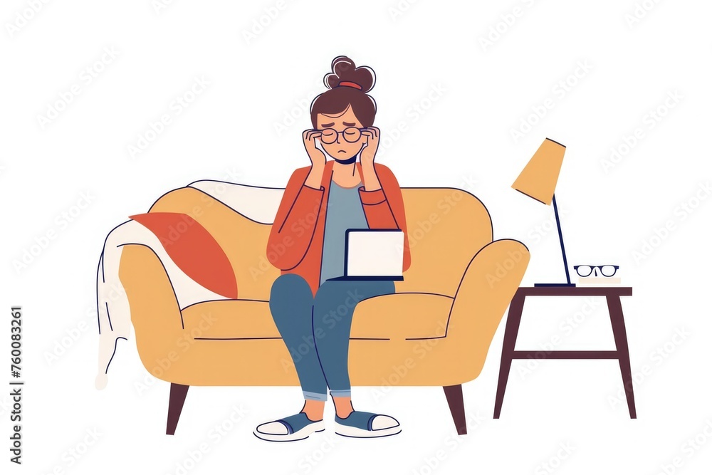 illustration of a tired girl sitting on the sofa, the woman has a headache. Freelancing. Deadline. Project. Thinking a lot illustration of a tired girl sitting on the sofa, the woman has a headache. Freelancing. Deadline. Project. Thinking a lot
