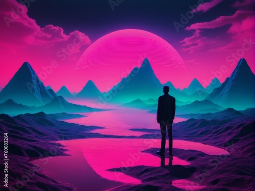 Synthwave Man: Retro Futuristic Illustration of a Figure Amidst Pink Bluish Landscape
