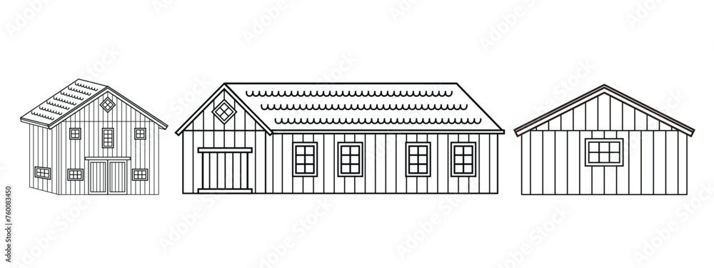 Vector set of black white line red wooden countryside barns or warehouses with doors, gates, windows, roofs. Isolated illustration of farm houses, storehouses on white background for coloring book