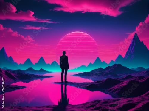 Synthwave Man  Retro Futuristic Illustration of a Figure Amidst Pink Bluish Landscape