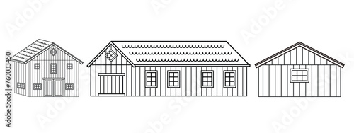Vector set of black white line red wooden countryside barns or warehouses with doors, gates, windows, roofs. Isolated illustration of farm houses, storehouses on white background for coloring book