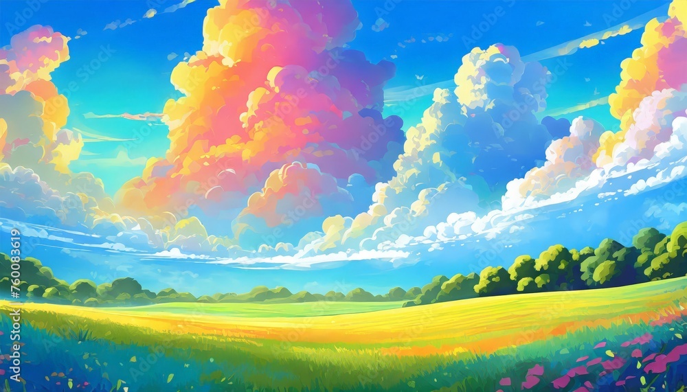 landscape with rainbow, landscape with sun and clouds landscape with rainbow, landscape with sun and clouds