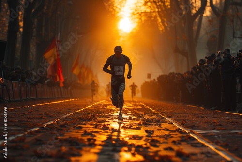 An athlete running a marathon during a magnificent sunrise, surrounded by cheering spectators lining the path