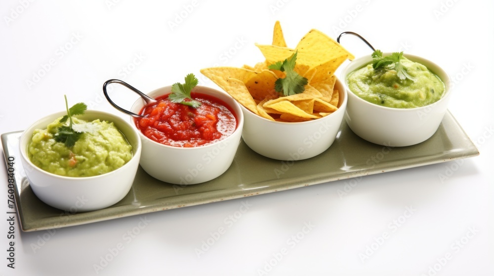 Three bowls of Mexican dips including guacamole, salsa, and a green sauce with tortilla chips on a tray Three bowls of Mexican dips including guacamole, salsa, and a green sauce with tortilla chips on a tray