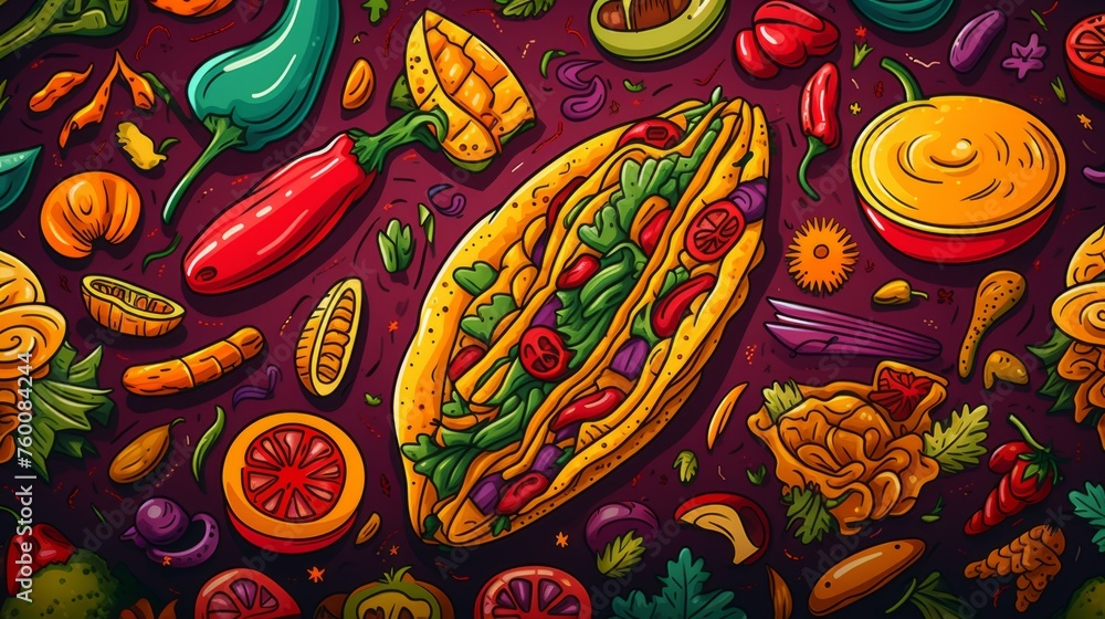 An intricate illustration packed with vibrant Mexican dishes like tacos and salsa, brimming with flavor and tradition