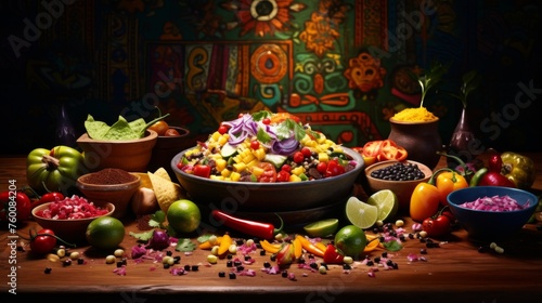 A rustic, traditional Mexican salad bowl served with fresh vegetables and spices in a warm, cozy setting