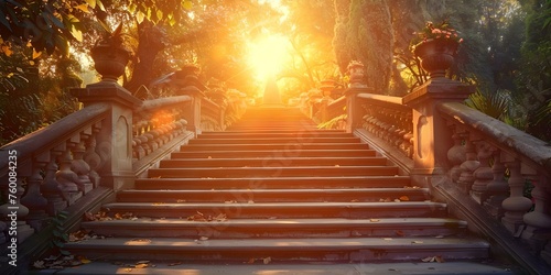 Ascending to Paradise: A Sunlit Staircase in a Heavenly Setting. Concept Sunlit Staircase, Heavenly Setting, Ascending to Paradise photo