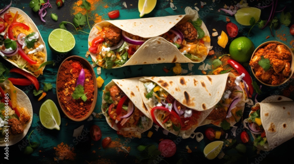 An array of Mexican dishes displayed in artistic fashion, highlighting the vibrant colors and varied textures