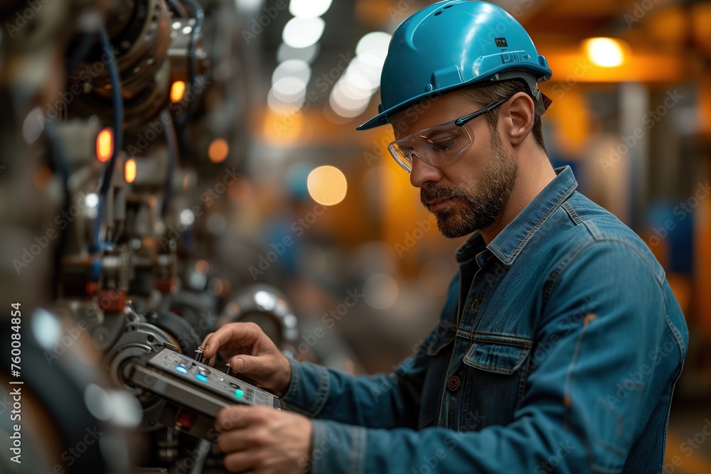 Skilled worker with hard hat uses digital tablet to operate machinery in an industrial setting Skilled worker with hard hat uses digital tablet to operate machinery in an industrial setting