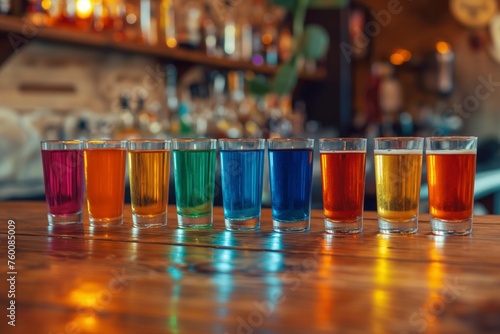 Row of colorful shot glasses on a bar, concept of variety and celebration in nightlife
