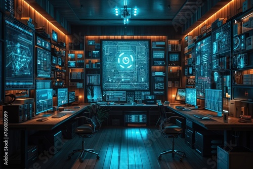 Intricate view of a high-tech cyber security operations center with multiple screens and a central hologram photo