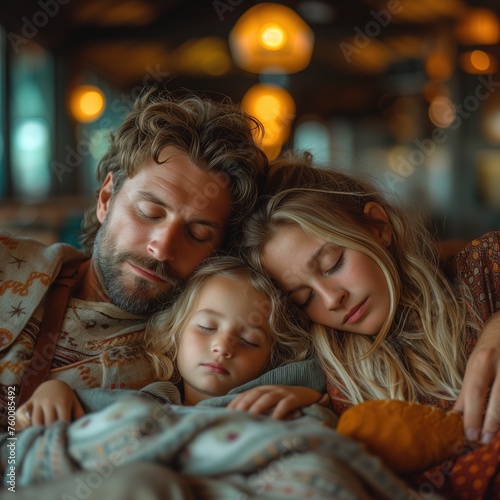 Cozy family moment with a father and two children asleep, depicting comfort and parental love photo