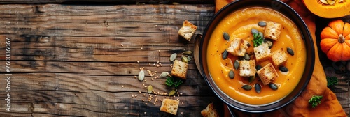 Comfort Food: Fall Warming Pumpkin Cream Soup with Croutons and Seeds on Board. Healthy Vegetarian and Vegan Autumn Cuisine Concept