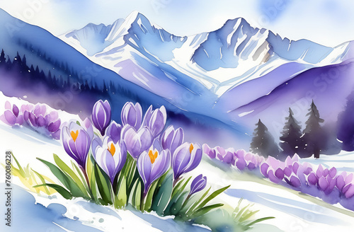 A spring landscape against the background of snow-white mountains, forest, clearings, melting snow and lilac crocuses. Beautiful spring background picture. High quality photo