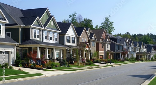 Community Living in American Suburbs  Exterior View of Suburban Homes and Family Dwelling in Estate Area with Home Financing