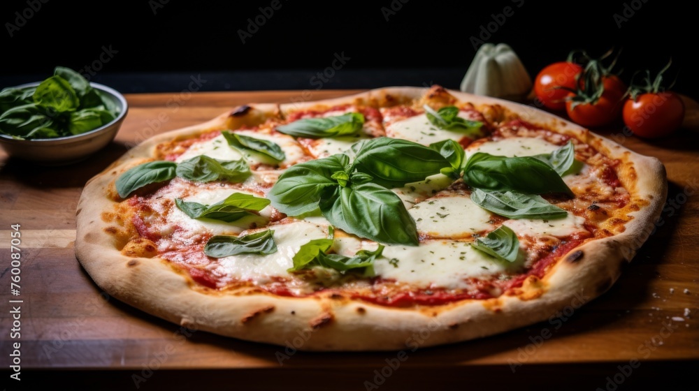 Authentic margherita pizza with vibrant basil leaves, succulent tomato sauce, and oozing mozzarella cheese on wooden peel
