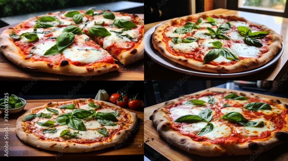A delicious pizza featuring golden crust, melted mozzarella cheese, tomato sauce, and fresh basil leaves