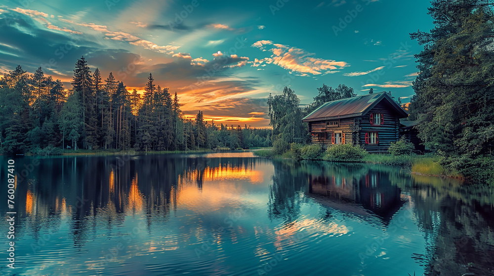The serene beauty of a lakeside sunset, with the sky painted in hues of blue, orange, and pink. A Scandinavian wooden house, surrounded The serene beauty of a lakeside sunset, with the sky painted in hues of blue, orange, and pink. A Scandinavian wooden house, surrounded