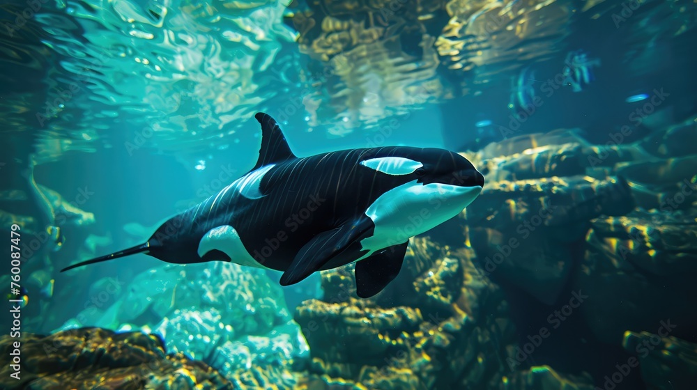 Obraz premium Photo of beautiful orca swimming underwater. AI generated.