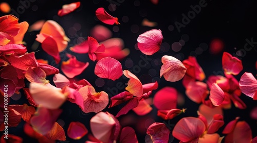 Beautiful flower petals floating on a dark background. AI generated. photo